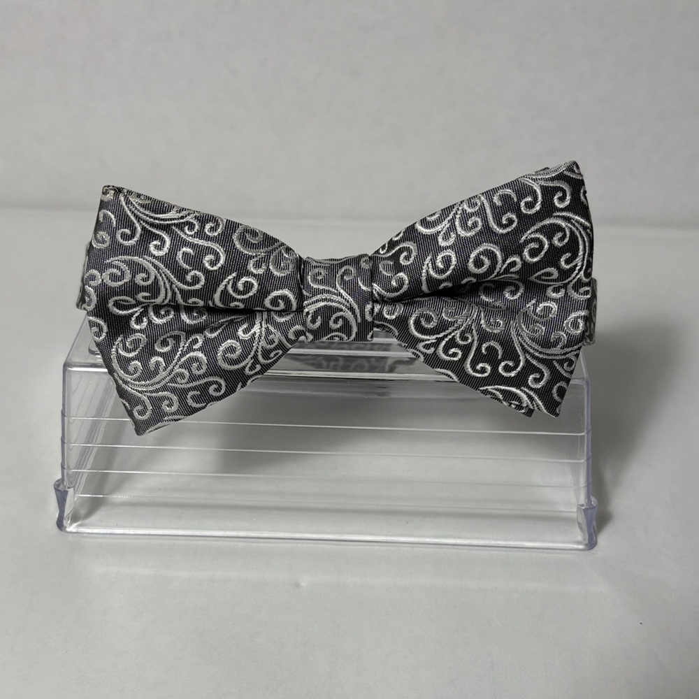 Little Black Tie Brand, Silver Scroll Pattern Bow Tie - Elegant Formal, Prom